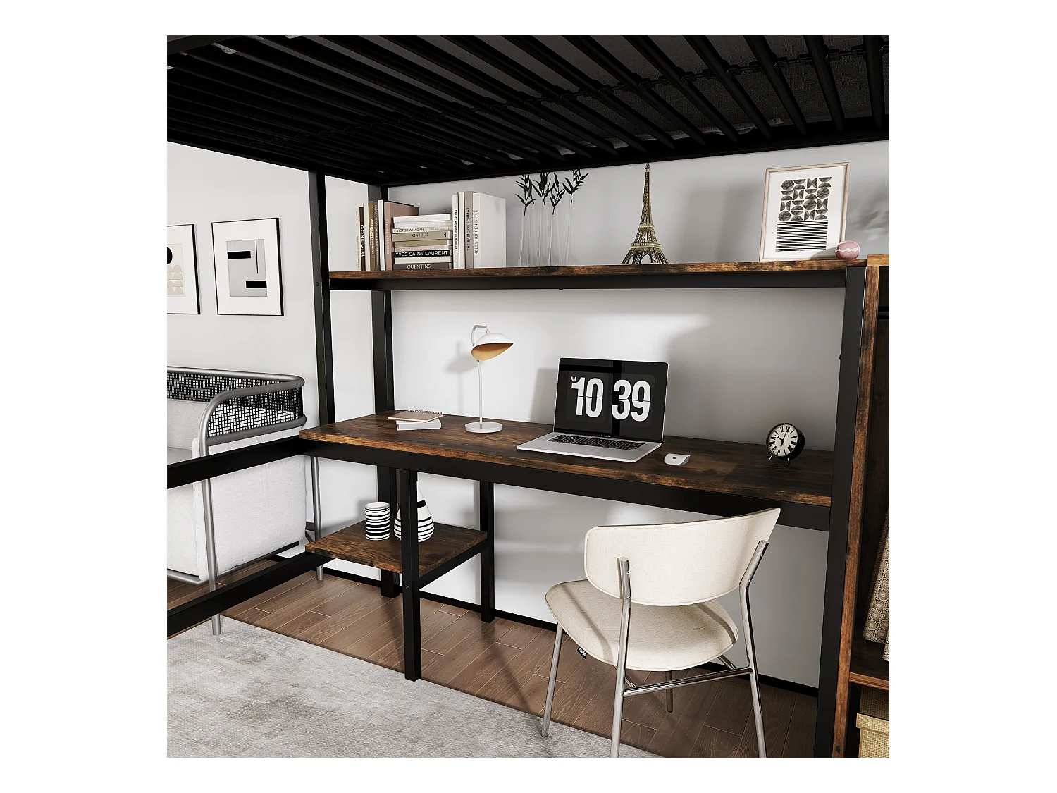 URBAN MEUBLE Lit simple superposé en métal noir effet bois avec bureau intégré et armoire, taille 90x200 cm