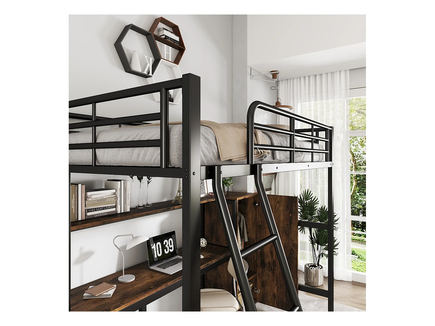 URBAN MEUBLE Lit simple superposé en métal noir effet bois avec bureau intégré et armoire, taille 90x200 cm