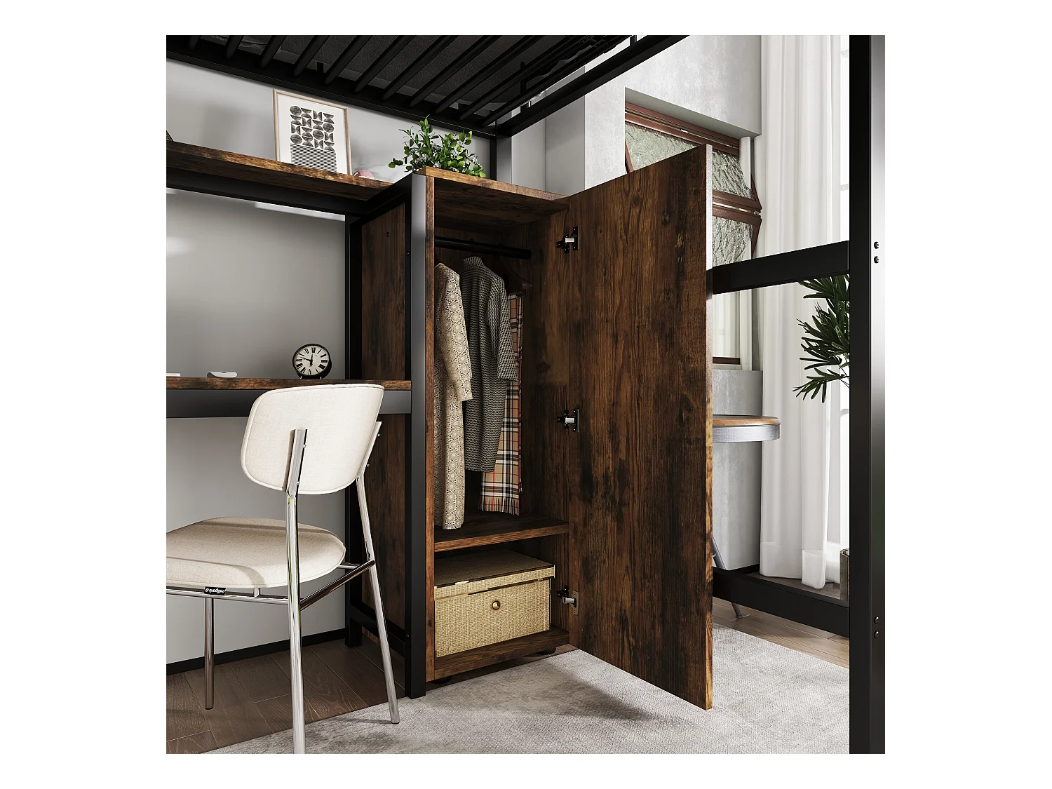 URBAN MEUBLE Lit simple superposé en métal noir effet bois avec bureau intégré et armoire, taille 90x200 cm