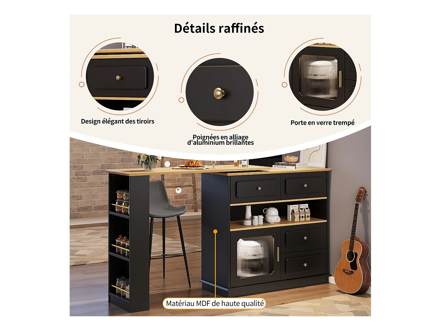 URBAN MEUBLE Table de bar rotative multifonctionnelle noire et effet bois avec rangement Intelligent