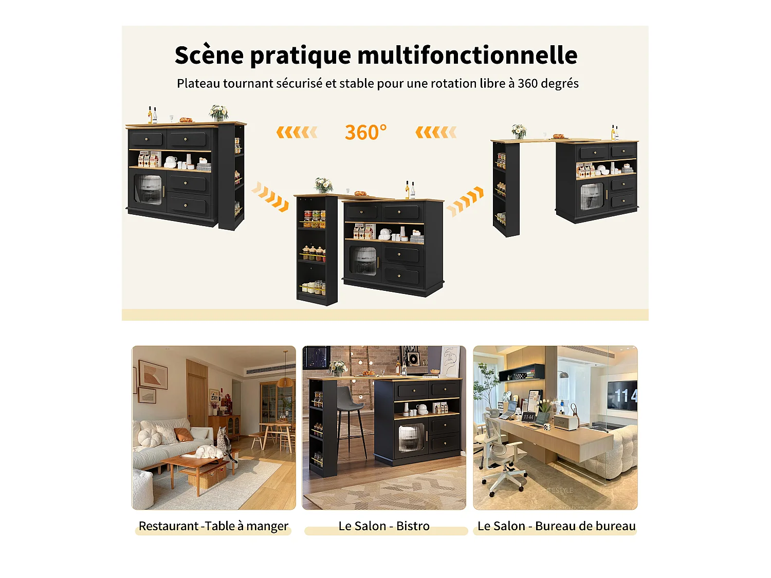 URBAN MEUBLE Table de bar rotative multifonctionnelle noire et effet bois avec rangement Intelligent