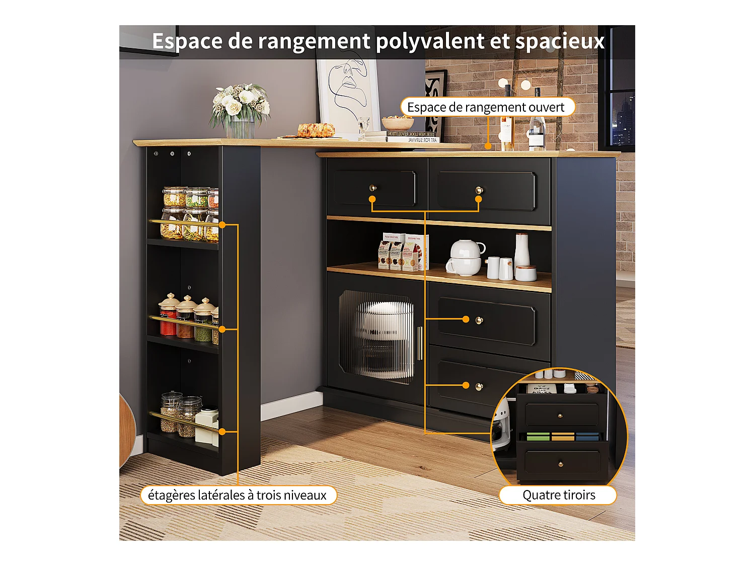 URBAN MEUBLE Table de bar rotative multifonctionnelle noire et effet bois avec rangement Intelligent