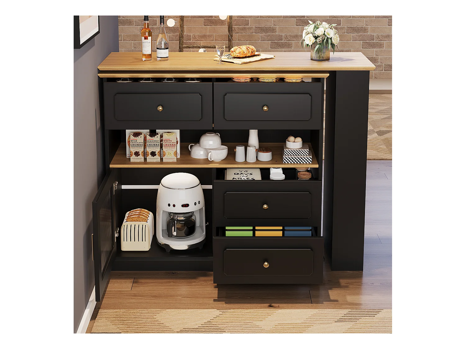 URBAN MEUBLE Table de bar rotative multifonctionnelle noire et effet bois avec rangement Intelligent