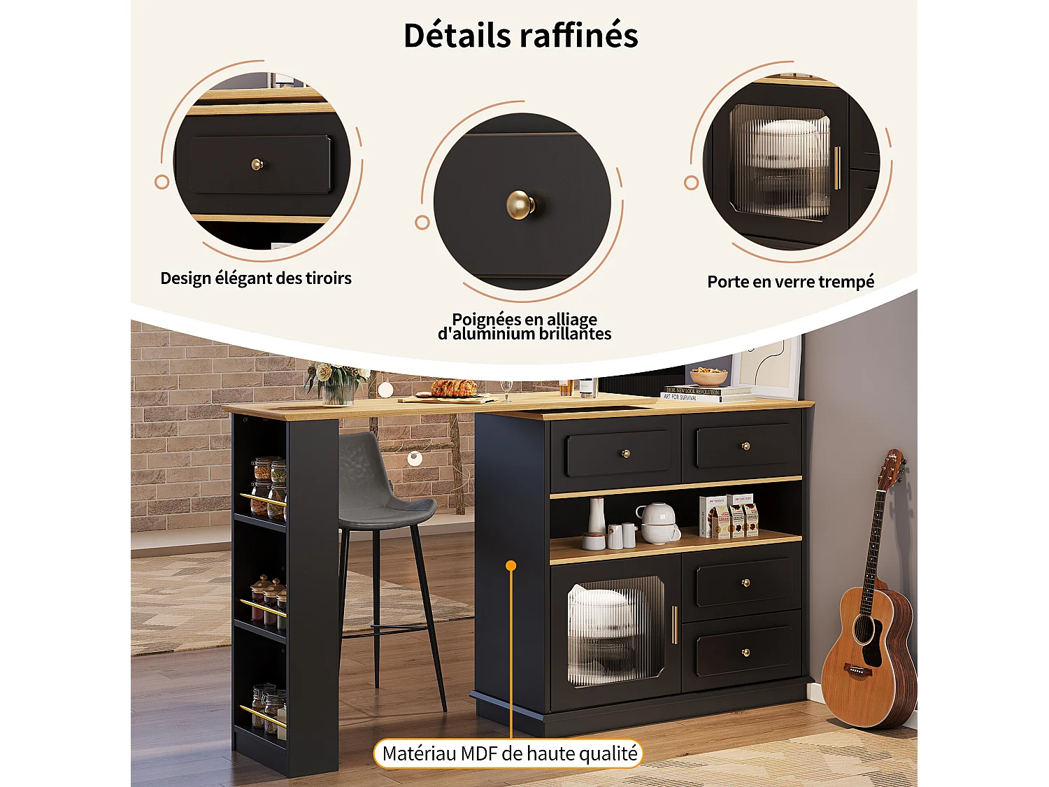 URBAN MEUBLE Table de bar rotative multifonctionnelle noire et effet bois avec rangement Intelligent