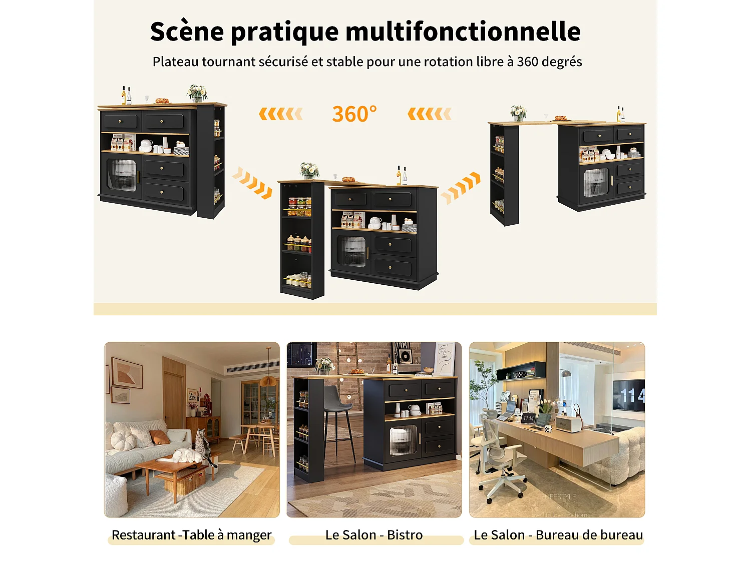 URBAN MEUBLE Table de bar rotative multifonctionnelle noire et effet bois avec rangement Intelligent