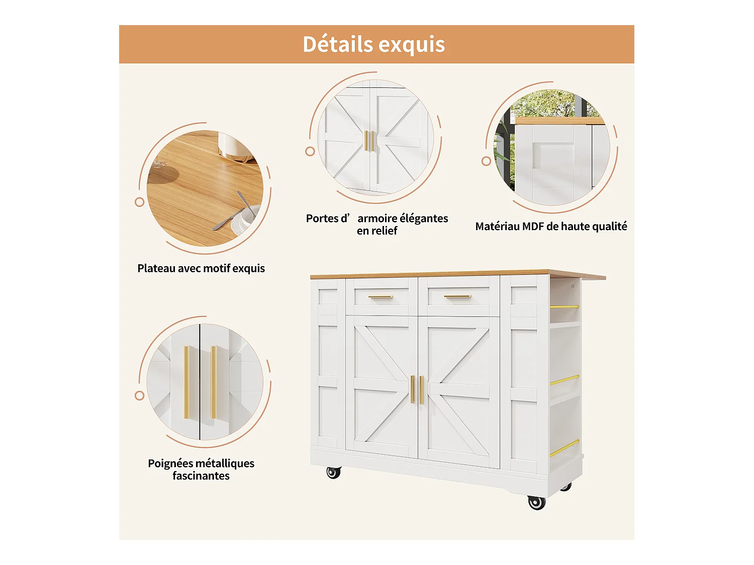 URBAN MEUBLE Îlot de cuisine blanc plateau pliant et rangement Intelligent