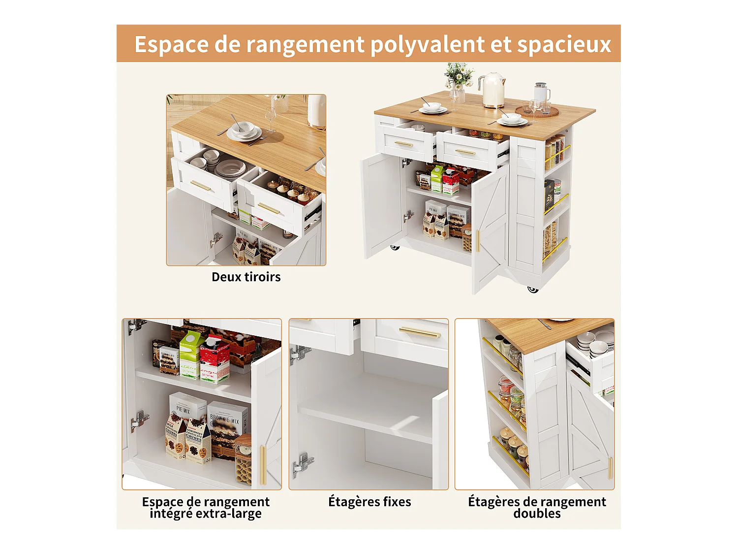 URBAN MEUBLE Îlot de cuisine blanc plateau pliant et rangement Intelligent