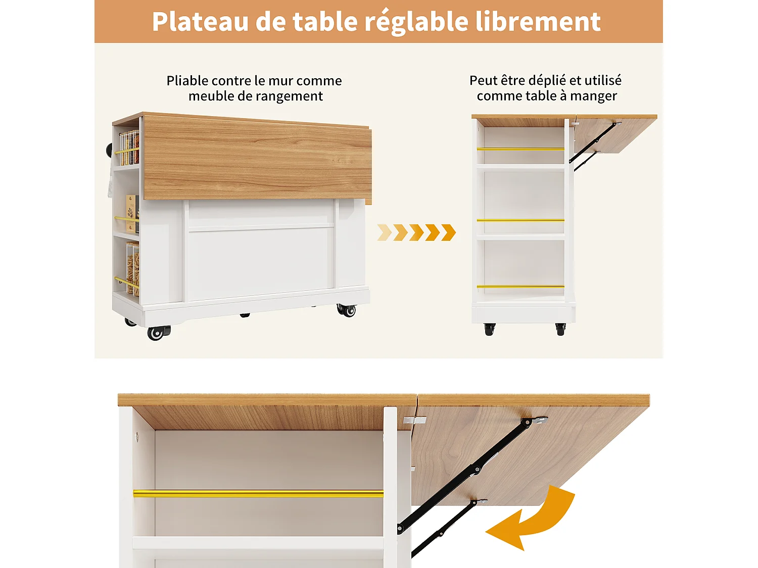 URBAN MEUBLE Îlot de cuisine blanc plateau pliant et rangement Intelligent