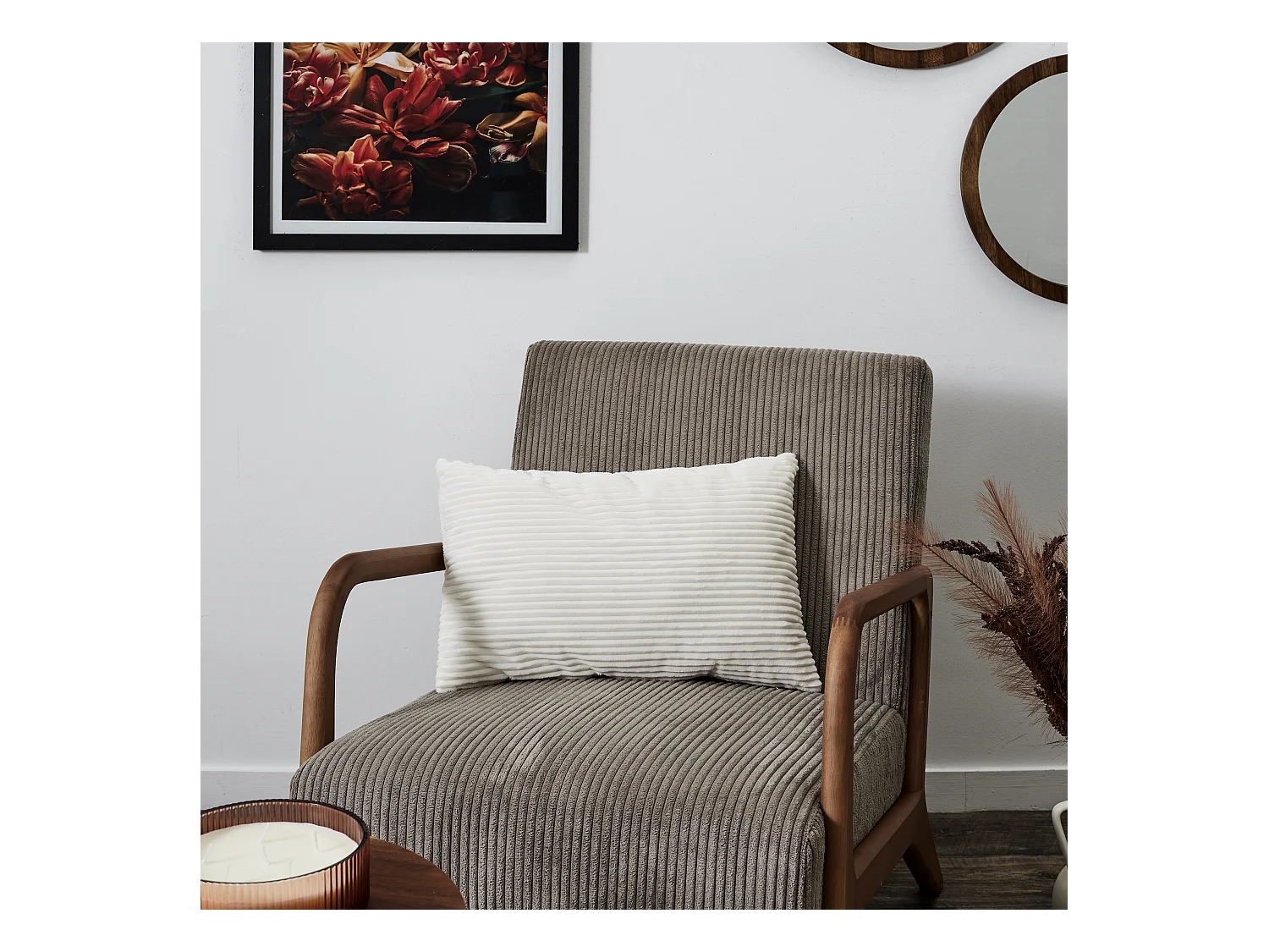 Coussin Flanelle Cotelet 30x50cm Gris, Rouge, Blanc