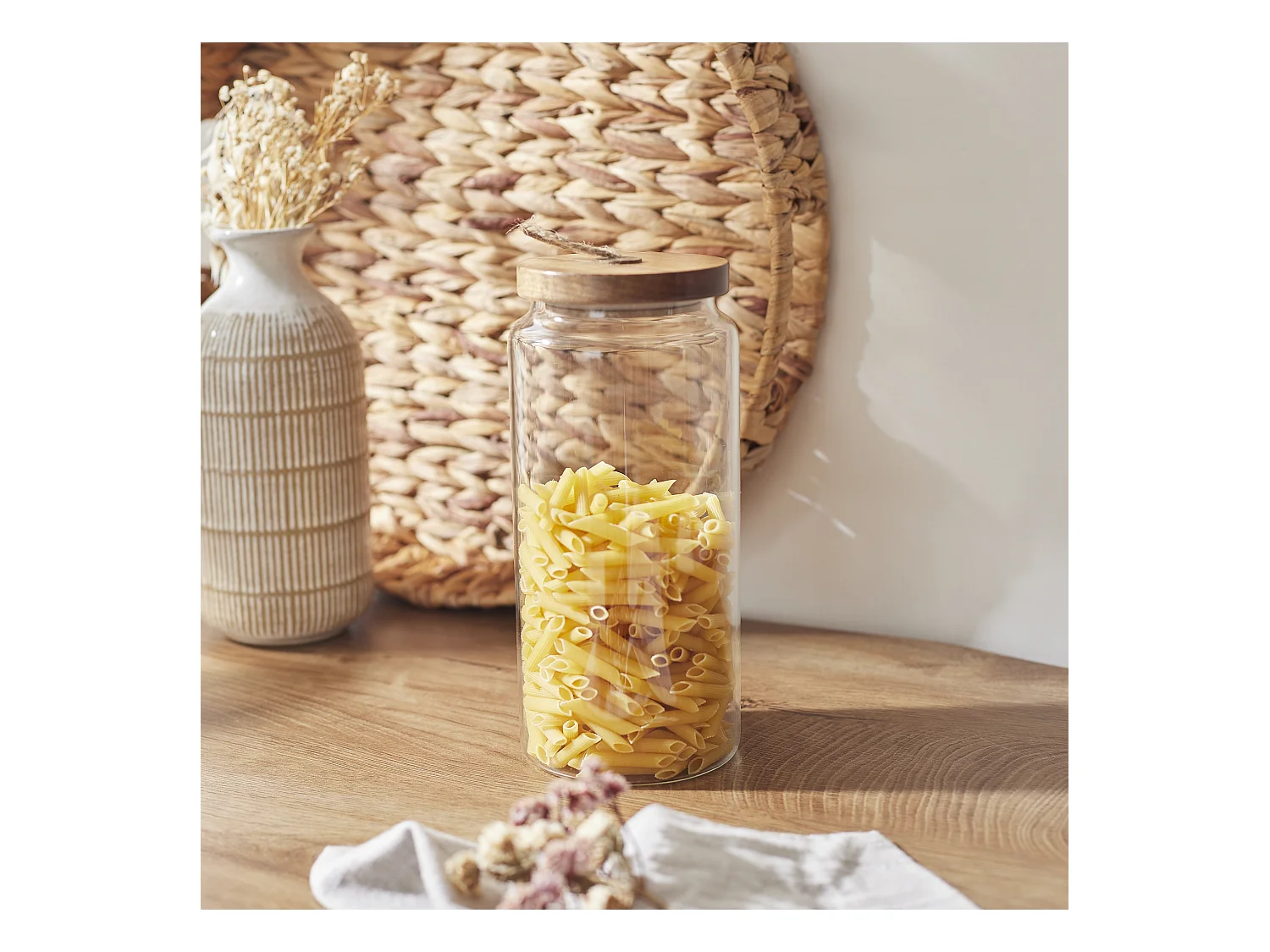 Bocal Verre Couvercle Acacia H 23cm Transparent, Marron