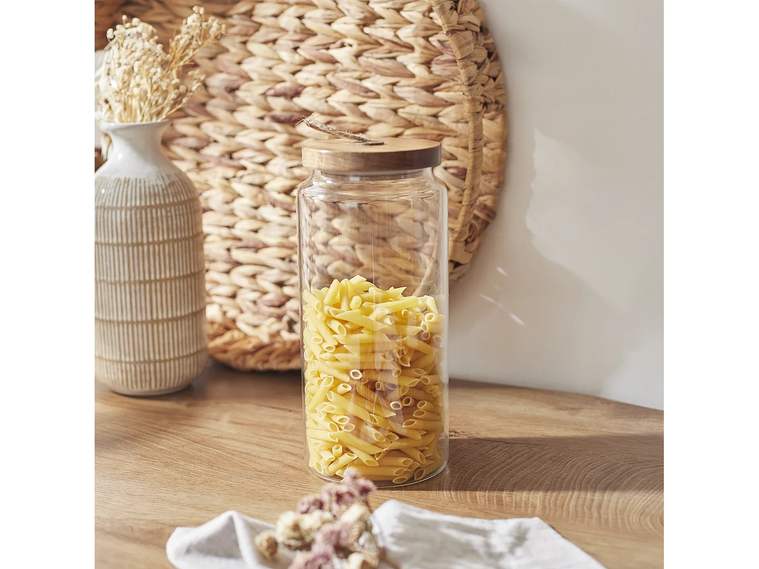 Bocal Verre Couvercle Acacia H 23cm Transparent, Marron