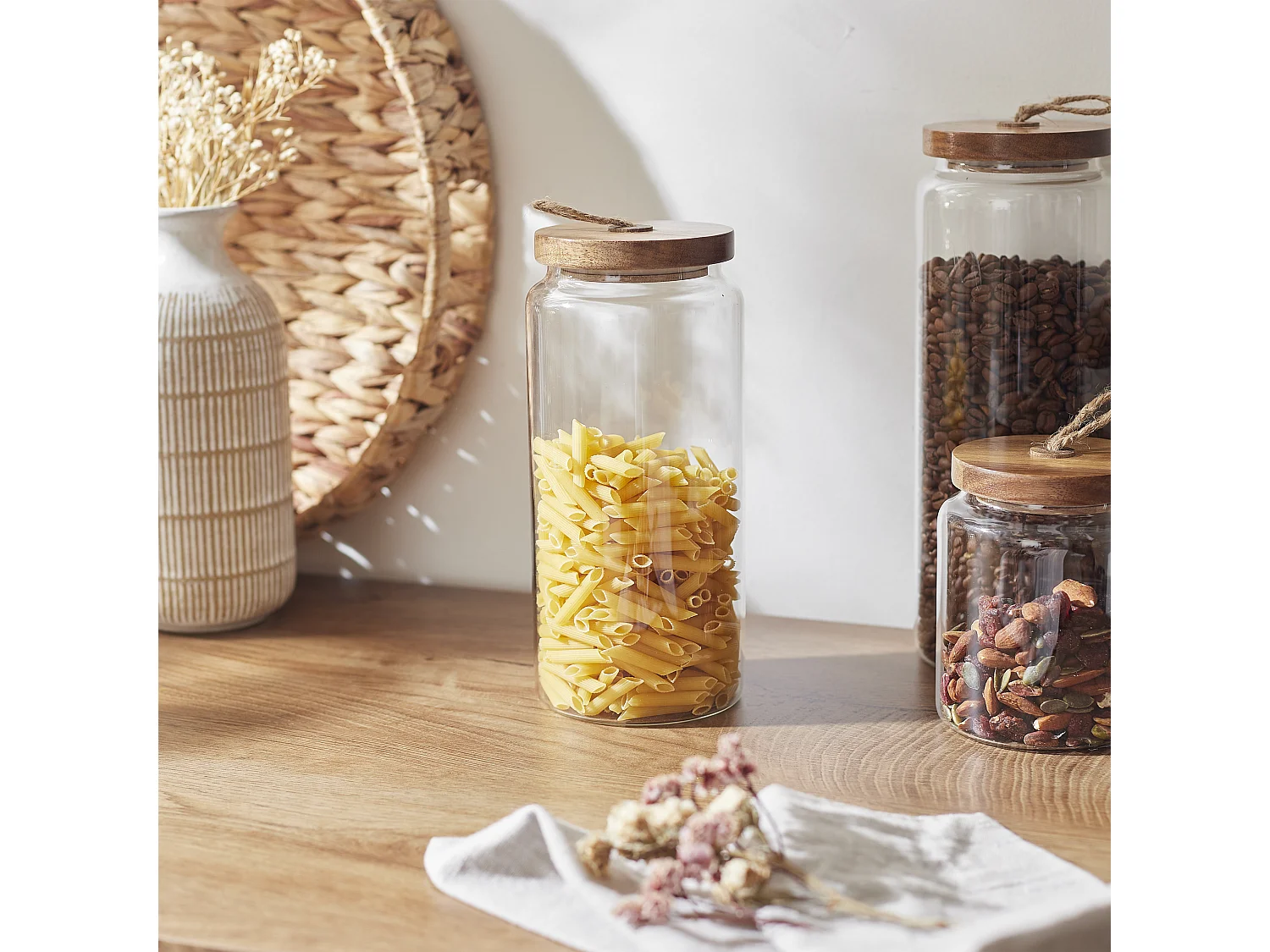 Bocal Verre Couvercle Acacia H 23cm Transparent, Marron