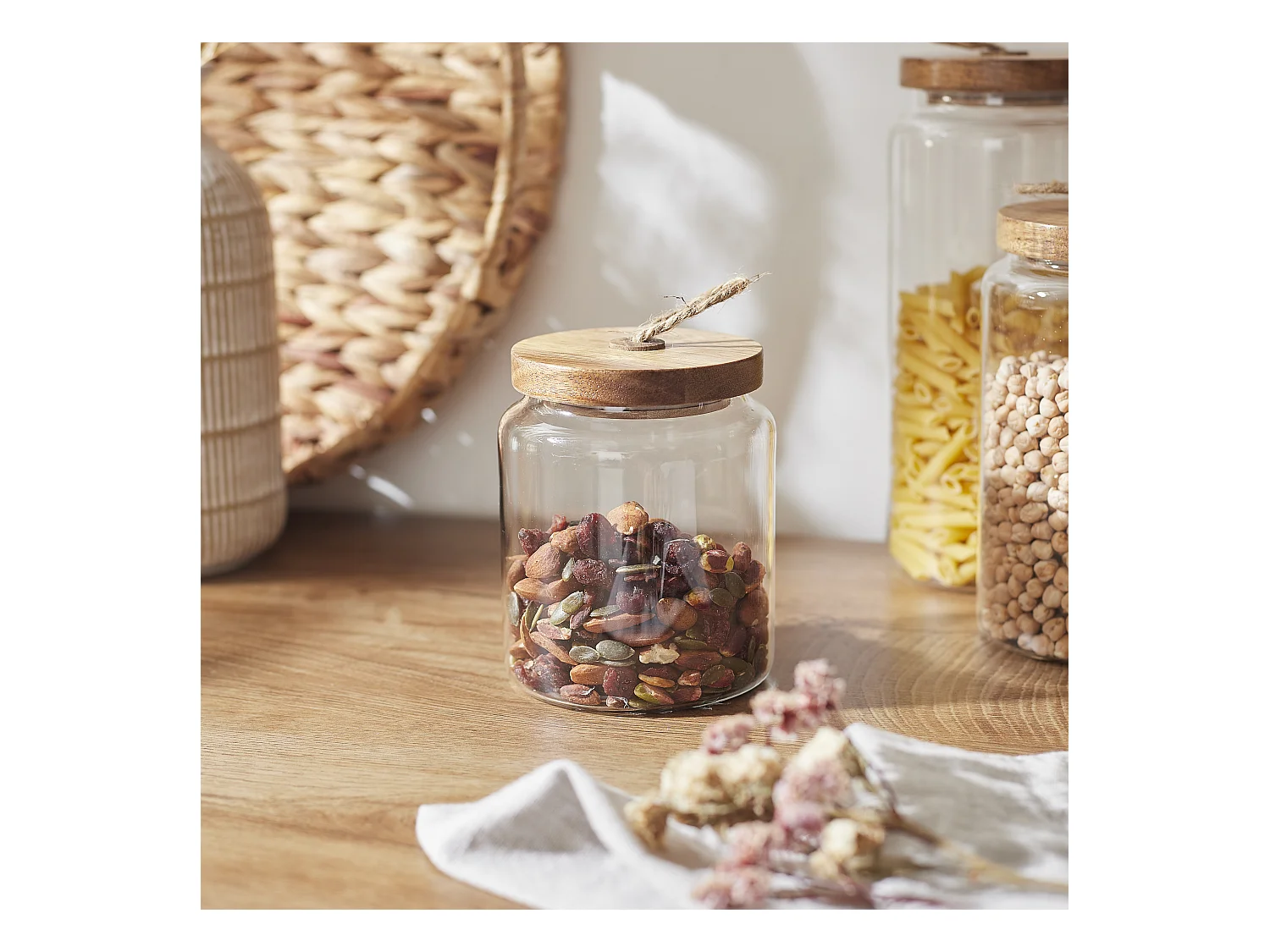 Bocal Verre Avec Couvercle Acacia H10cm2 Transparent, Marron