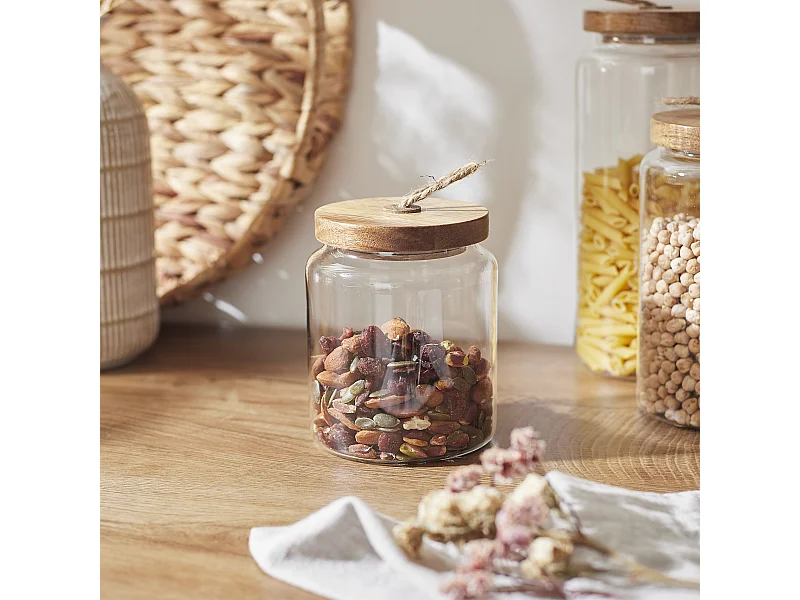 Bocal Verre Avec Couvercle Acacia H10cm2 Transparent, Marron
