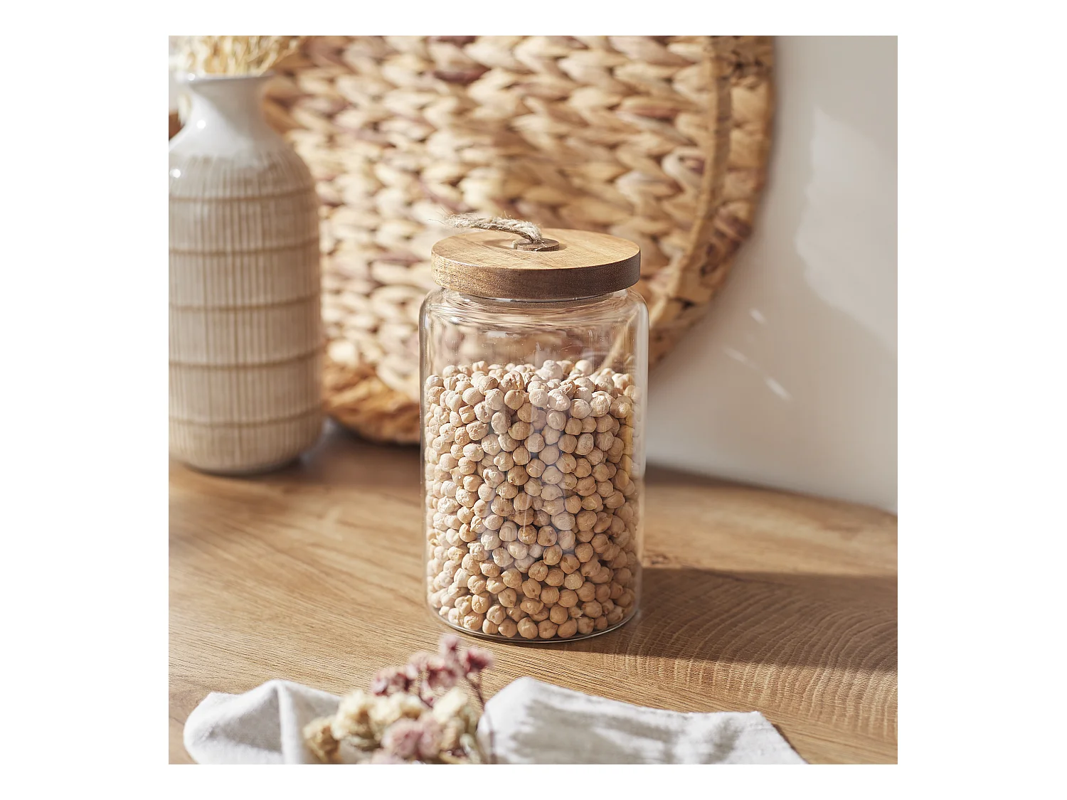 Bocal Verre Couvercle Acacia H17cm Transparent, Marron