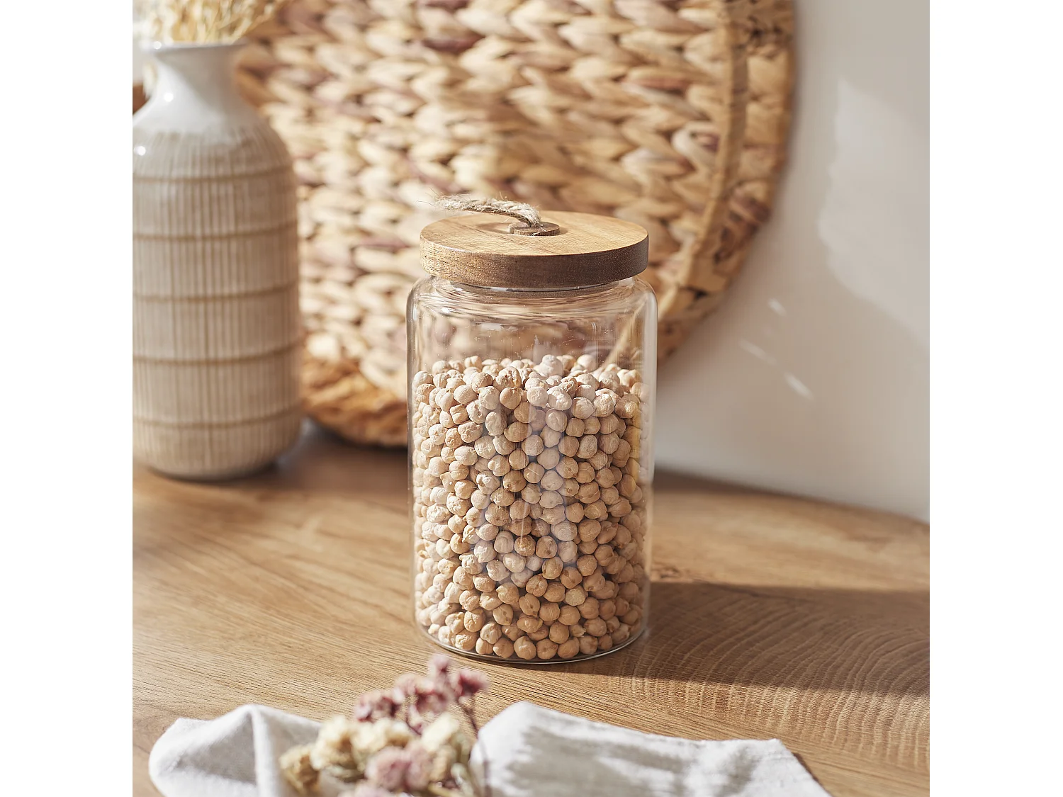 Bocal Verre Couvercle Acacia H17cm Transparent, Marron