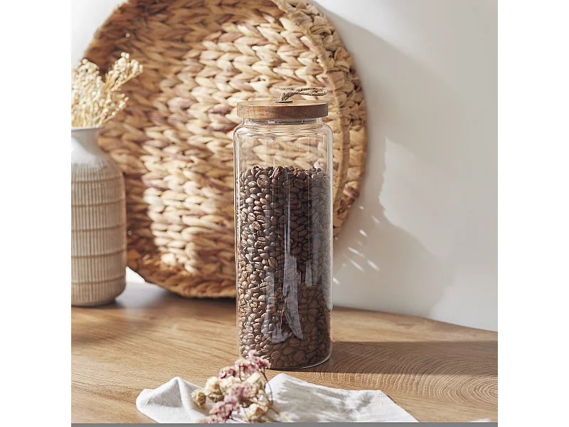 Bocal Verre Couvercle Acacia H27.5cm Transparent, Marron