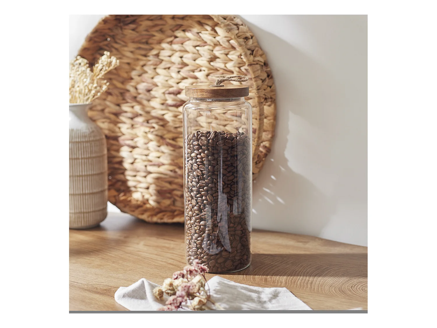 Bocal Verre Couvercle Acacia H27.5cm Transparent, Marron