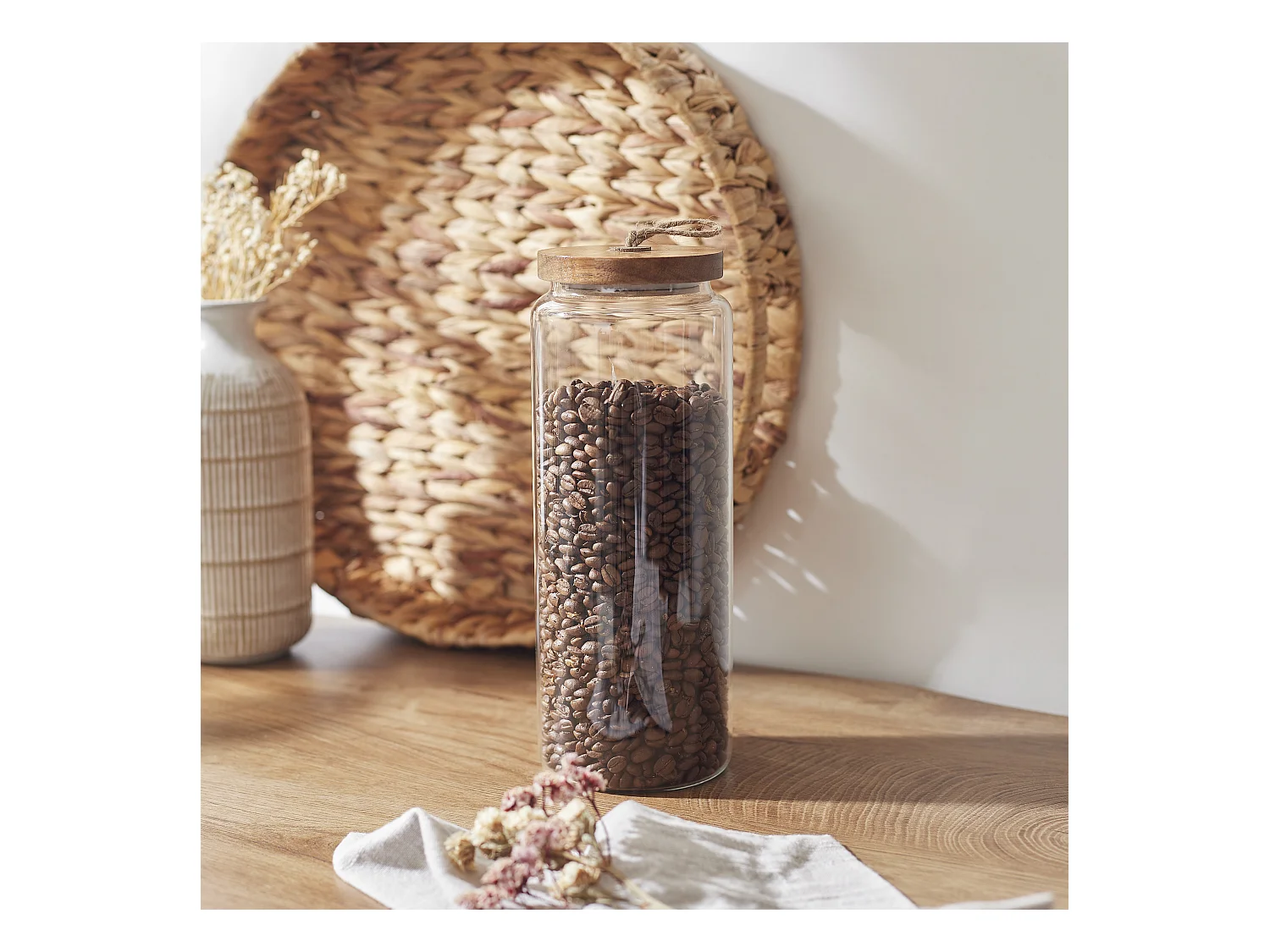 Bocal Verre Couvercle Acacia H27.5cm Transparent, Marron