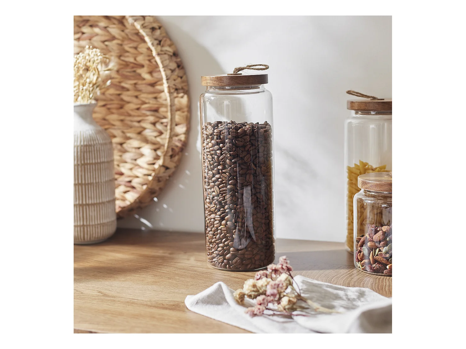 Bocal Verre Couvercle Acacia H27.5cm Transparent, Marron