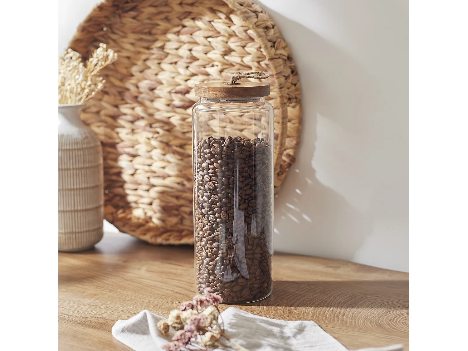 Bocal Verre Couvercle Acacia H27.5cm Transparent, Marron