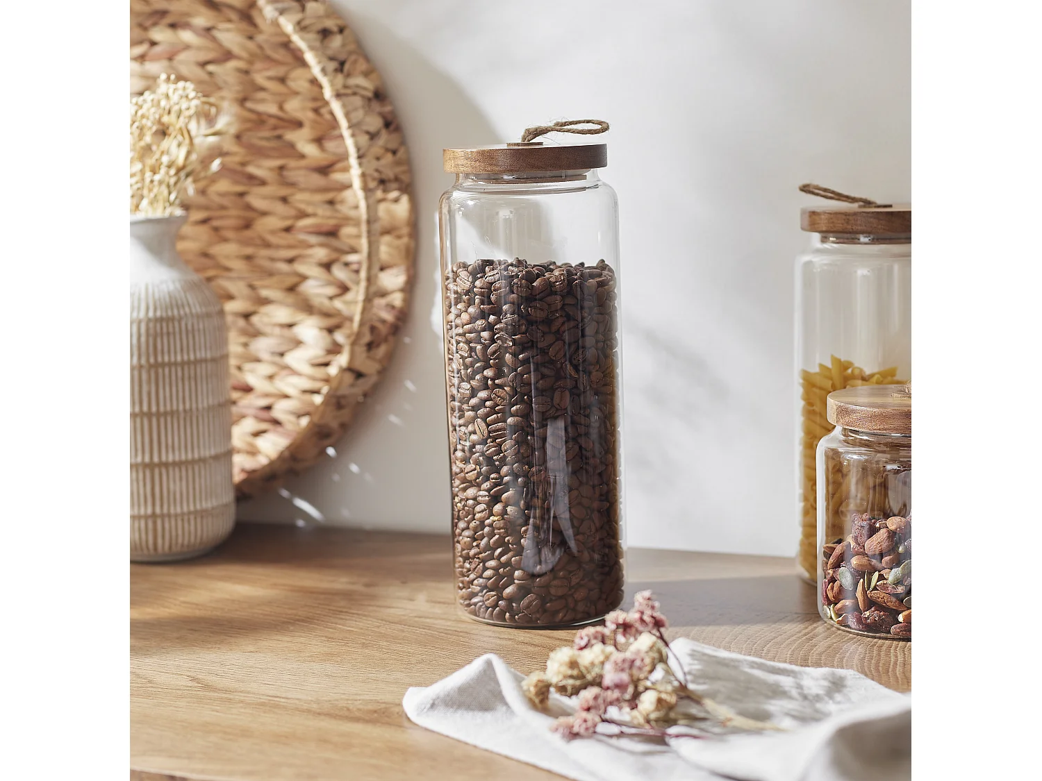 Bocal Verre Couvercle Acacia H27.5cm Transparent, Marron