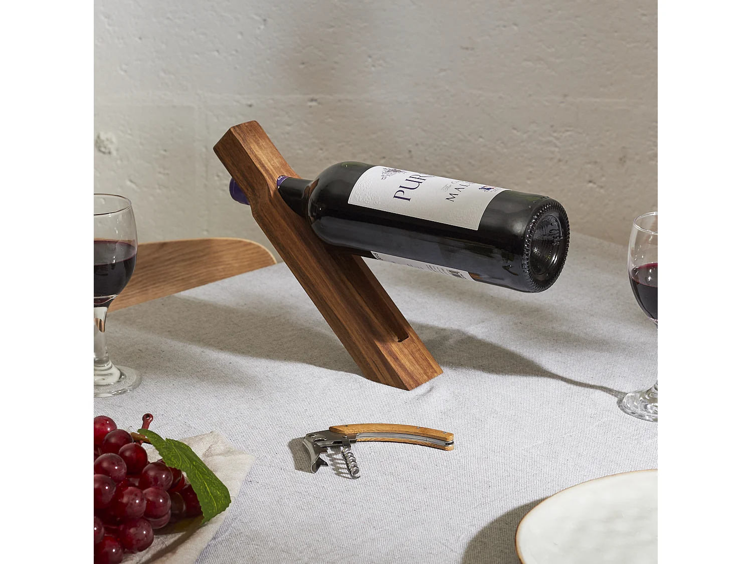 Support A Bouteille Et Tire Bouchon Acacia Marron