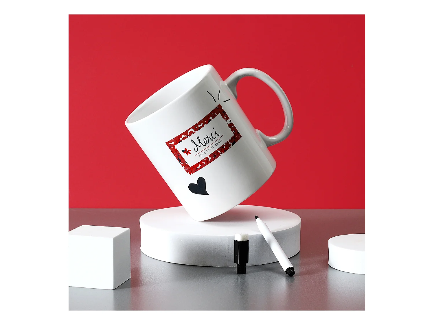 Mug Xxl Merci Pour Cette Annee Et Stylo Rose, Blanc, Bleu