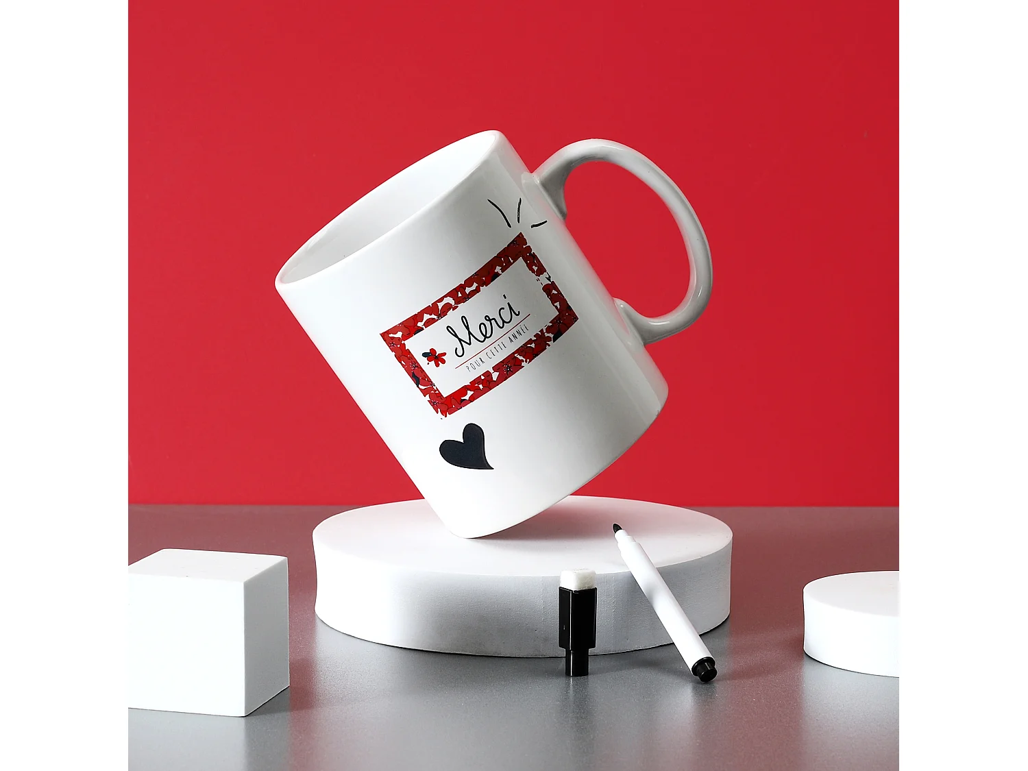 Mug Xxl Merci Pour Cette Annee Et Stylo Rose, Blanc, Bleu