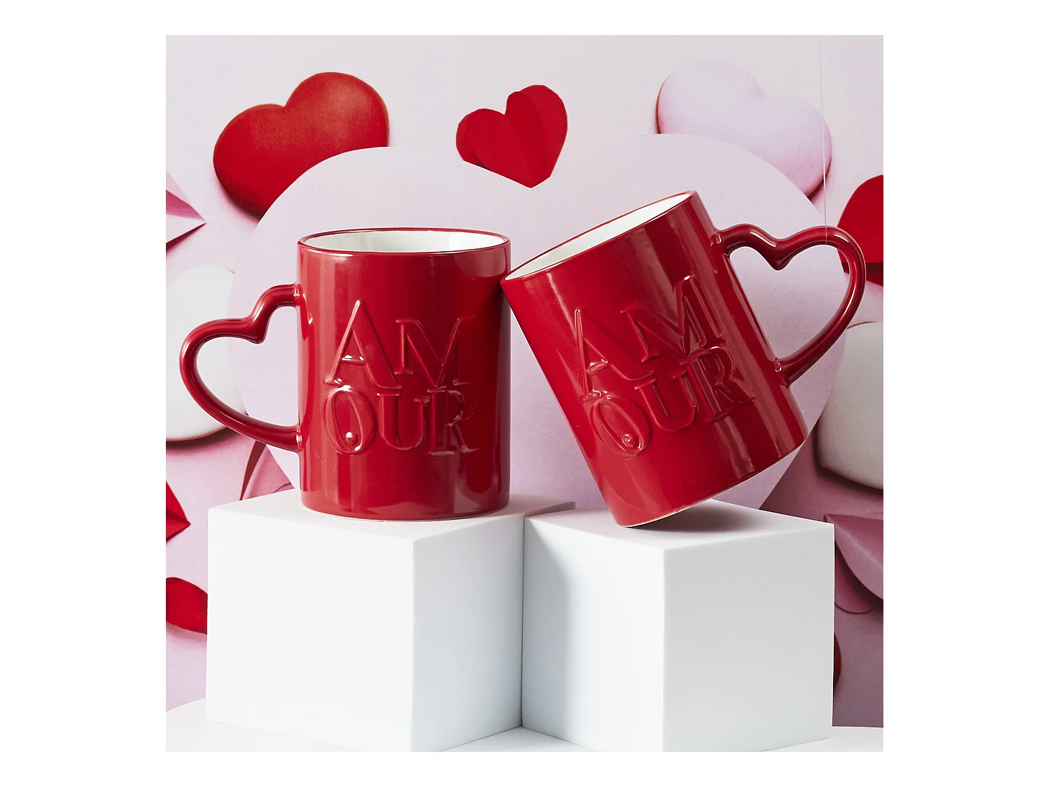 Lot de 2 Mugs en Céramique "Amour" 30cl Rouge