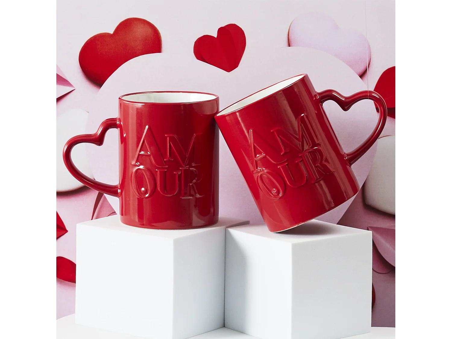 Lot de 2 Mugs en Céramique "Amour" 30cl Rouge