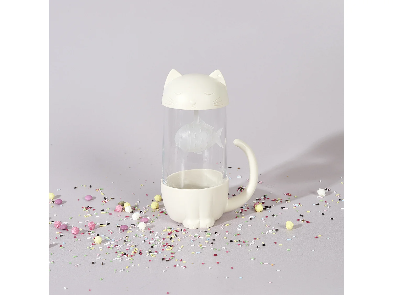 Mug Infuseur Poisson Chat 30cl Blanc, Transparent