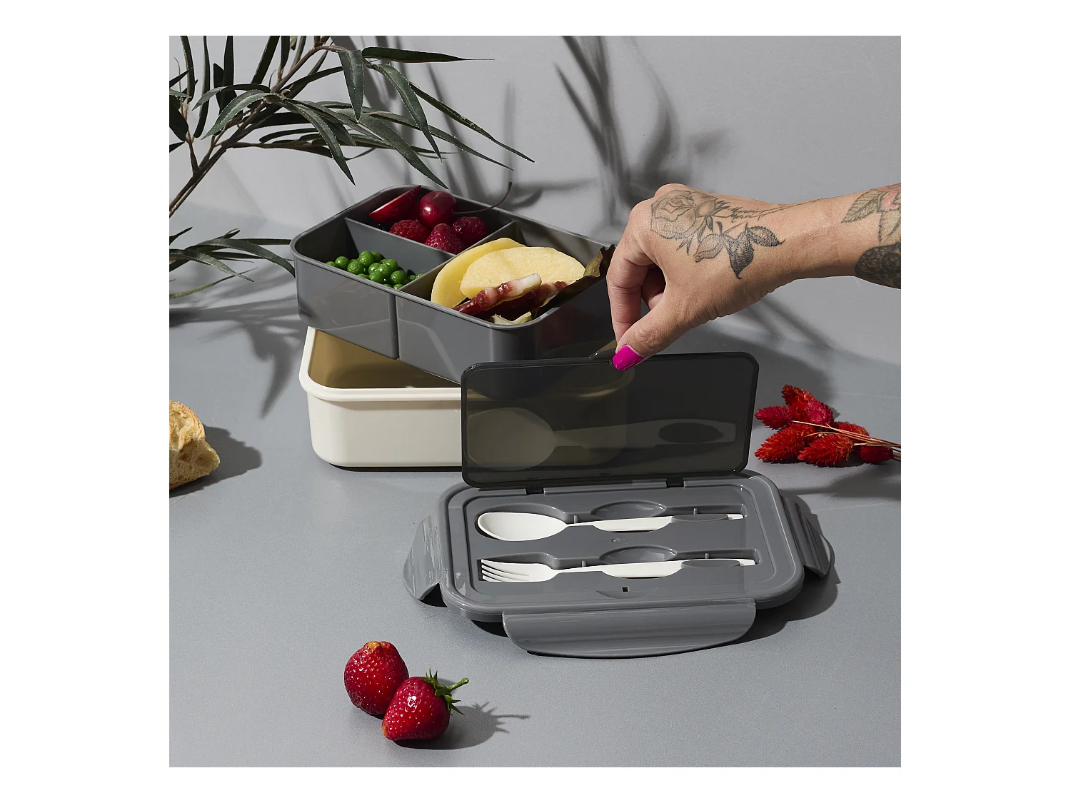 Lunch Box Unicolore Avec Couverts Gris