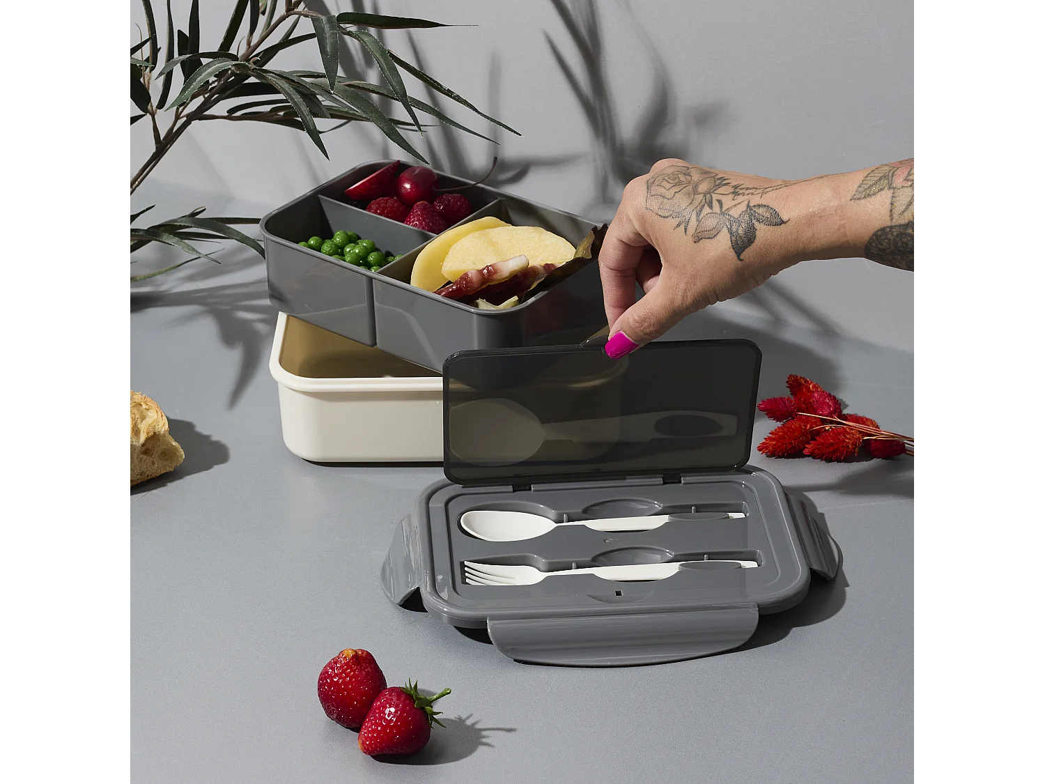 Lunch Box Unicolore Avec Couverts Gris