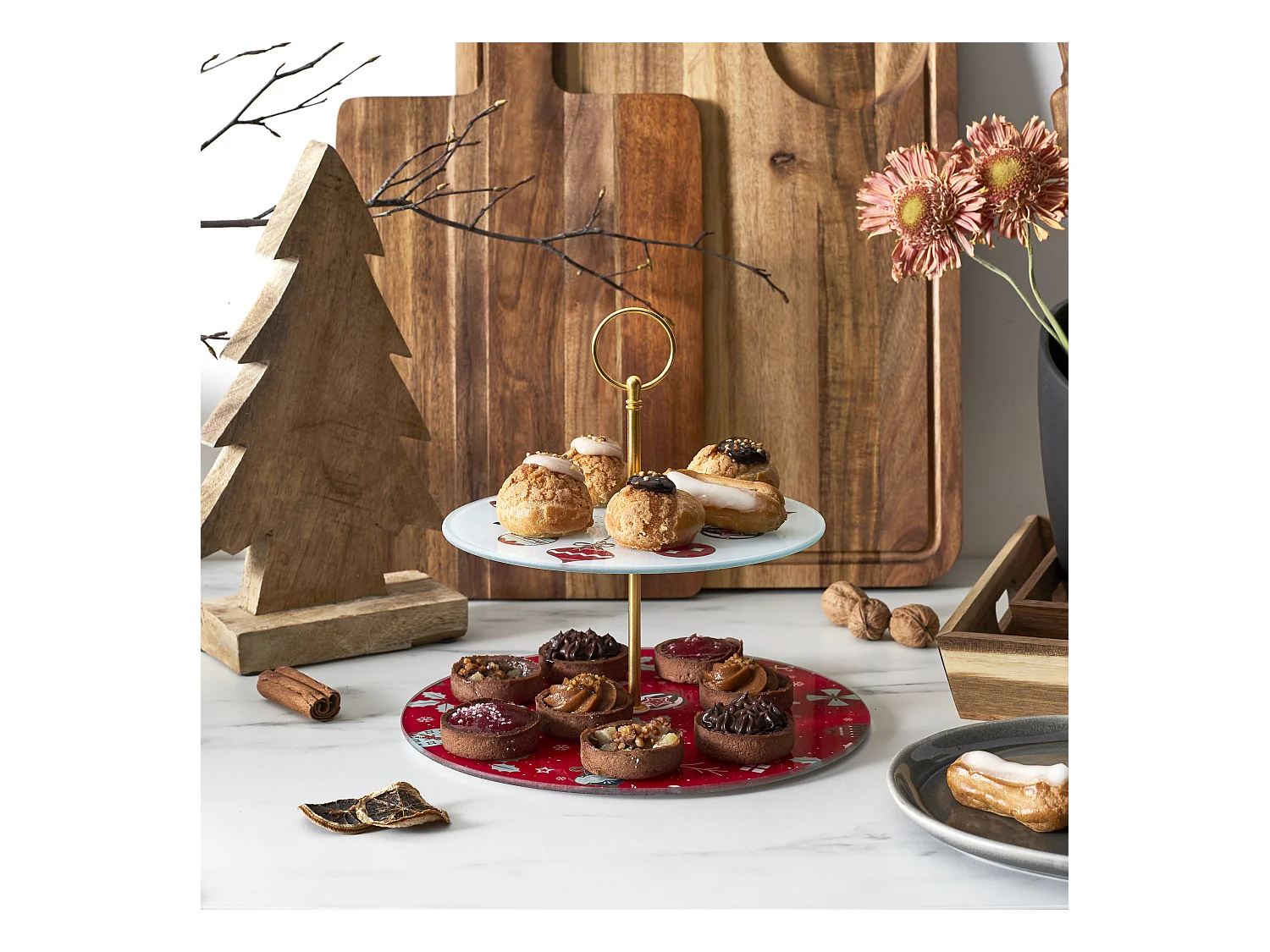 Plat De Presentation Double Etage Noel Blanc, Rouge