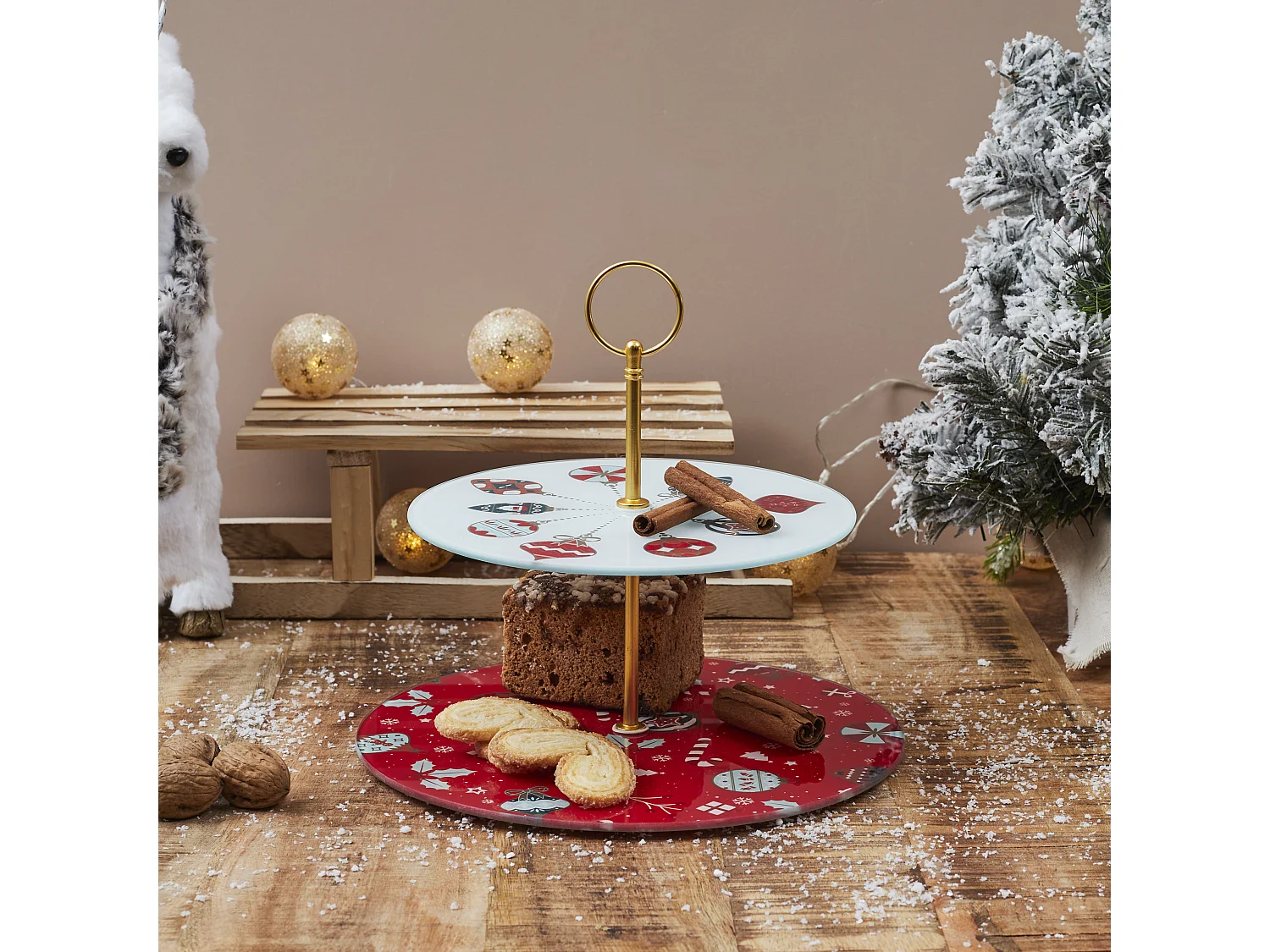 Plat De Presentation Double Etage Noel Blanc, Rouge