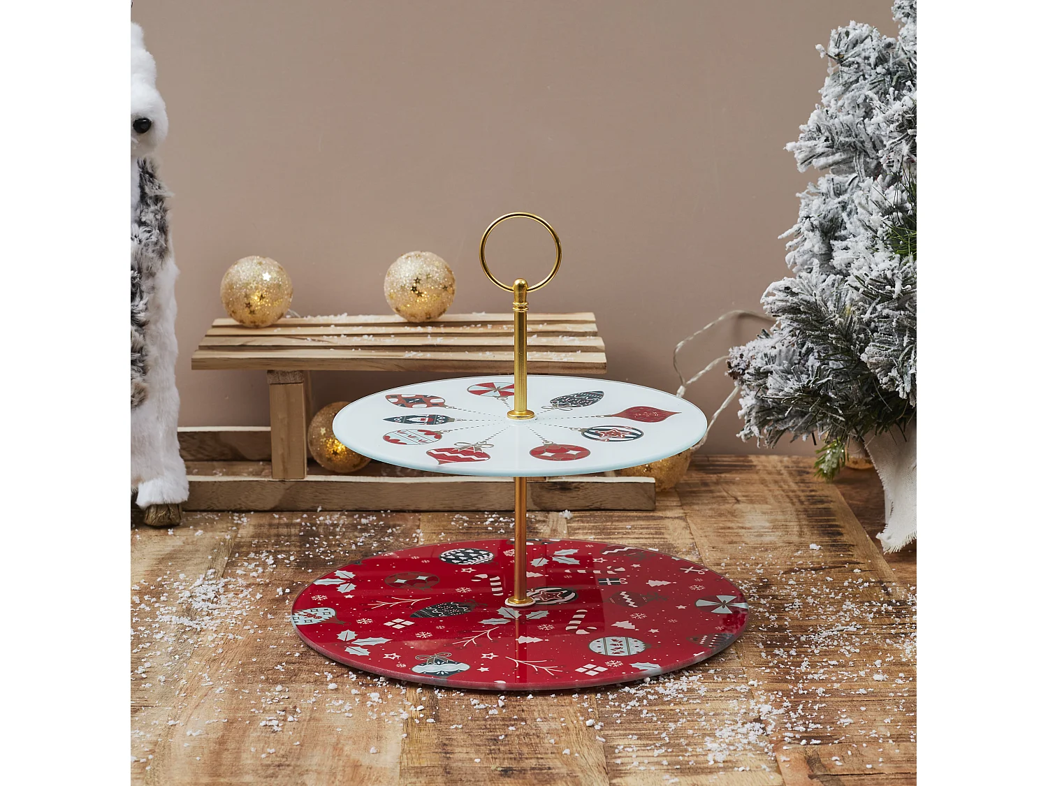 Plat De Presentation Double Etage Noel Blanc, Rouge