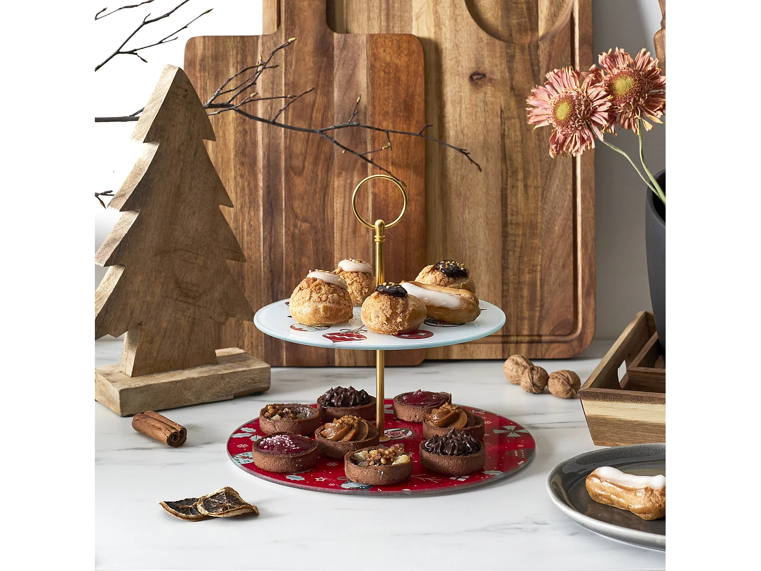 Plat De Presentation Double Etage Noel Blanc, Rouge