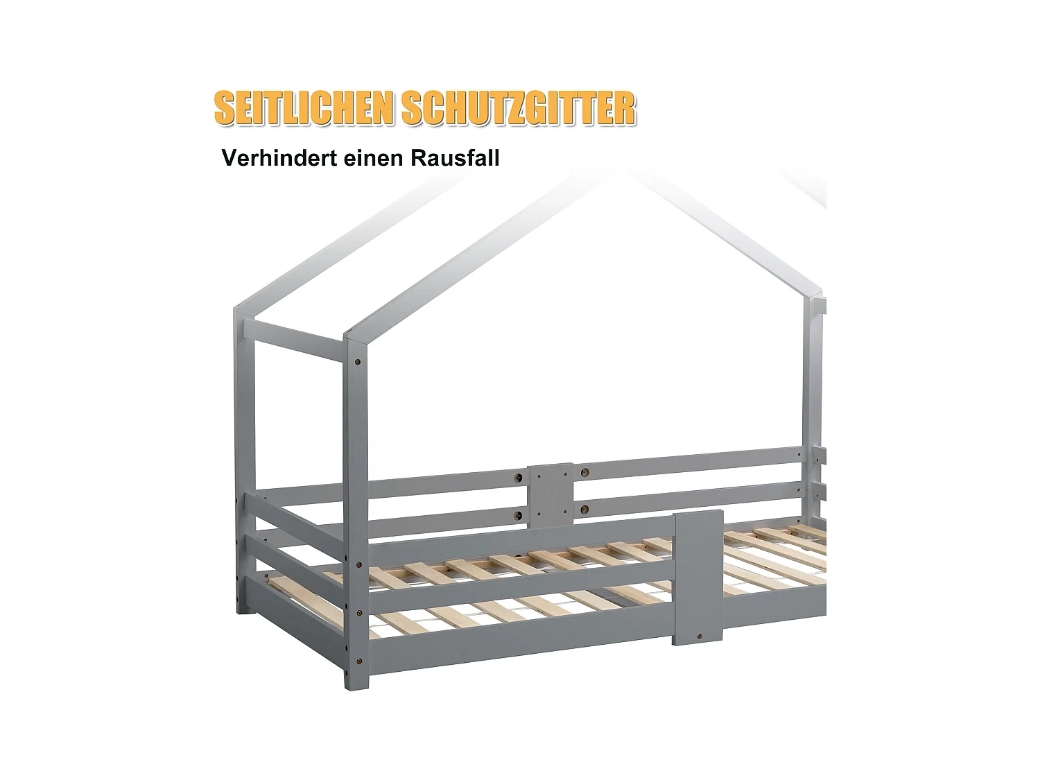 URBAN MEUBLE Lit enfant lit cabane avec cheminée sommier à lattes robuste lit cabane en bois de pin gris, 90 x 200 cm sans matelas