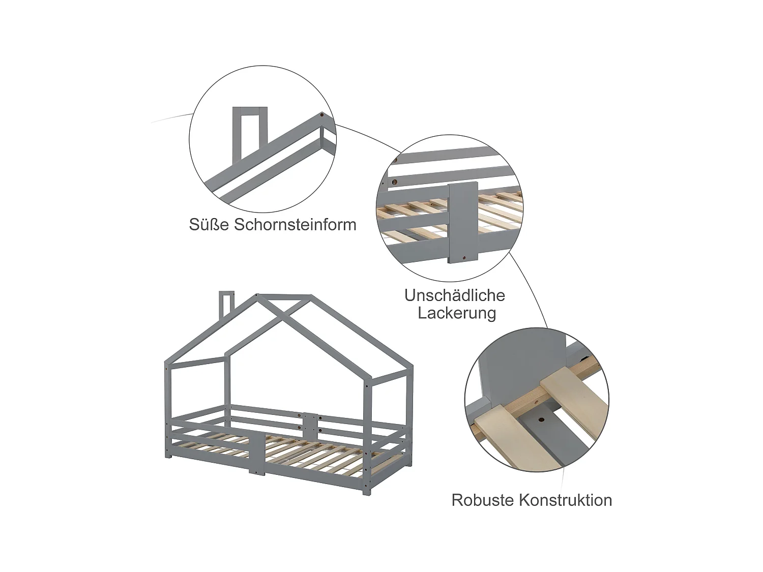 URBAN MEUBLE Lit enfant lit cabane avec cheminée sommier à lattes robuste lit cabane en bois de pin gris, 90 x 200 cm sans matelas