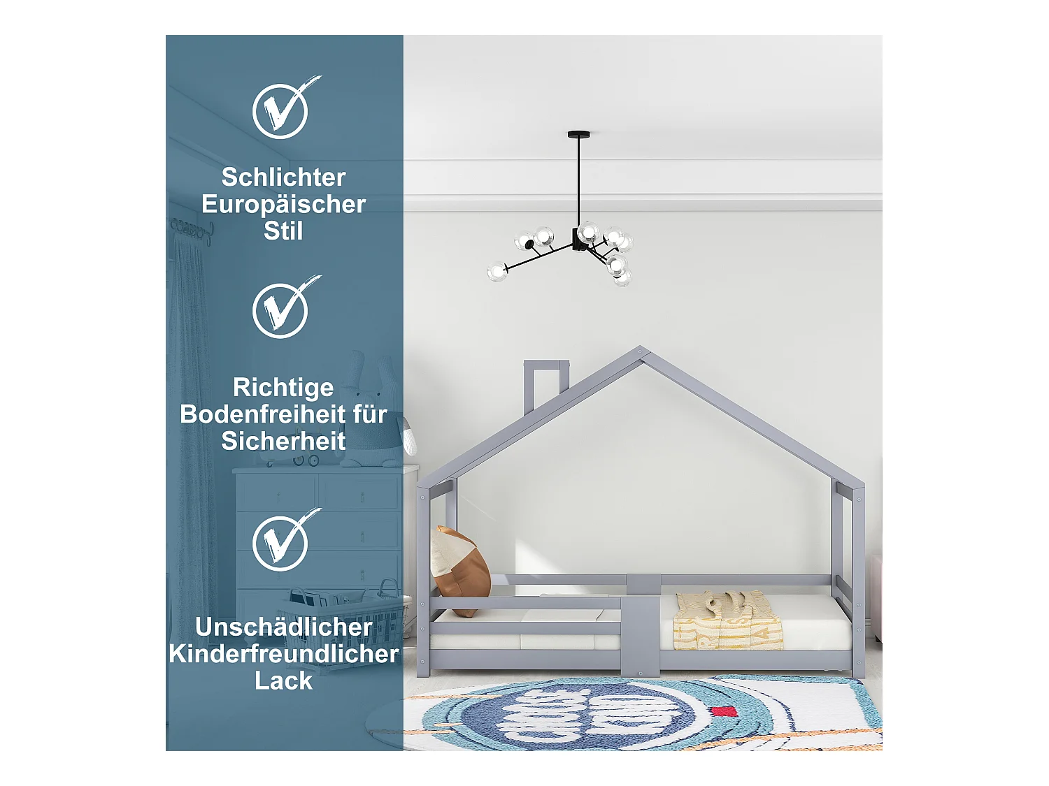 URBAN MEUBLE Lit enfant lit cabane avec cheminée sommier à lattes robuste lit cabane en bois de pin gris, 90 x 200 cm sans matelas