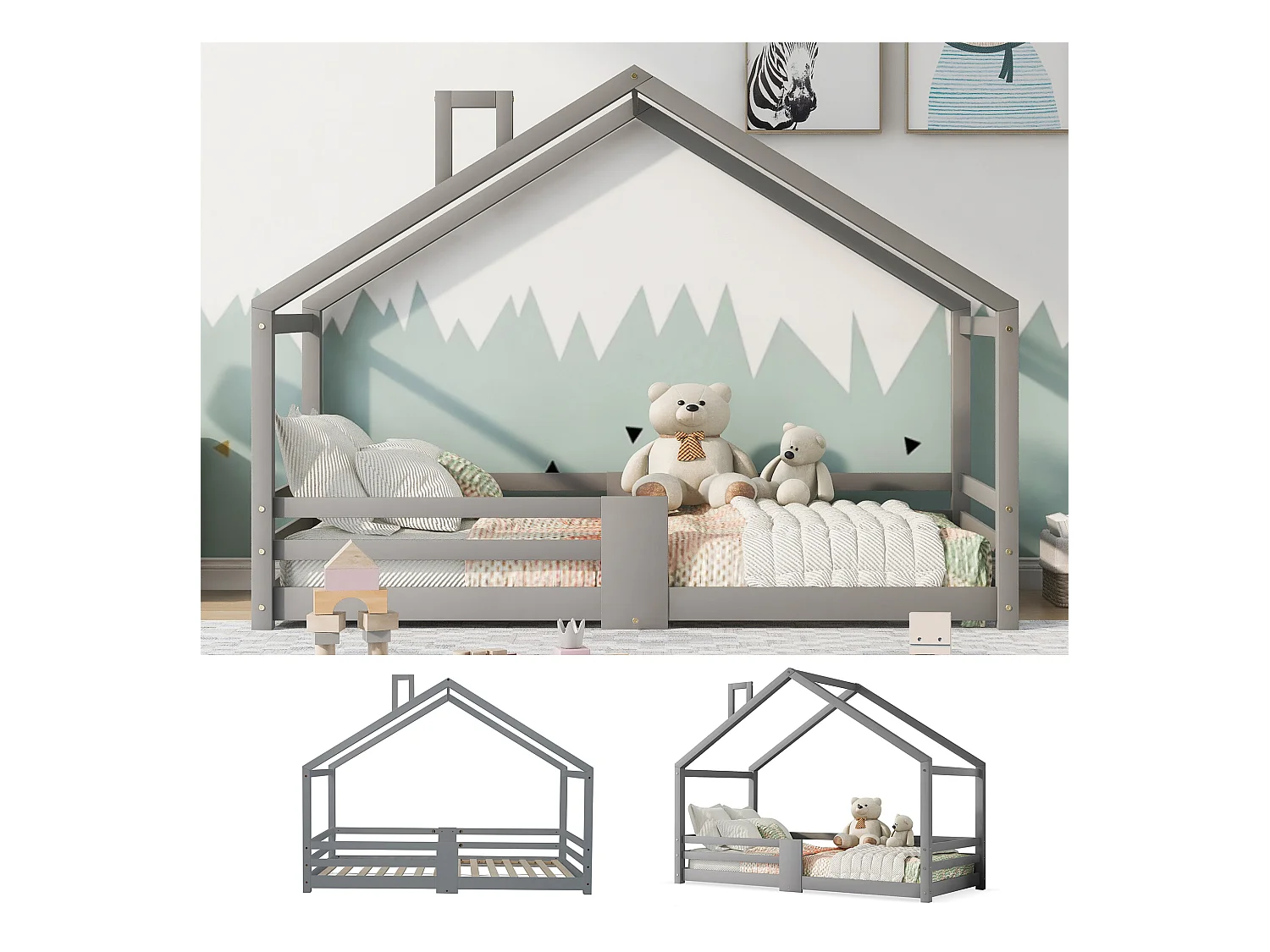 URBAN MEUBLE Lit enfant lit cabane avec cheminée sommier à lattes robuste lit cabane en bois de pin gris, 90 x 200 cm sans matelas