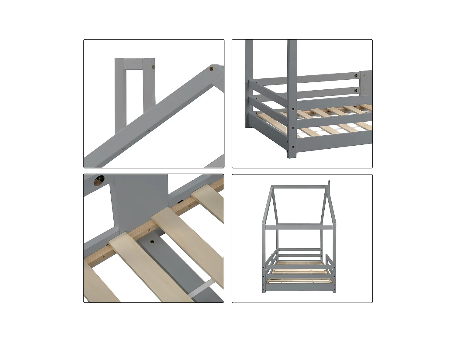 URBAN MEUBLE Lit enfant lit cabane avec cheminée sommier à lattes robuste lit cabane en bois de pin gris, 90 x 200 cm sans matelas