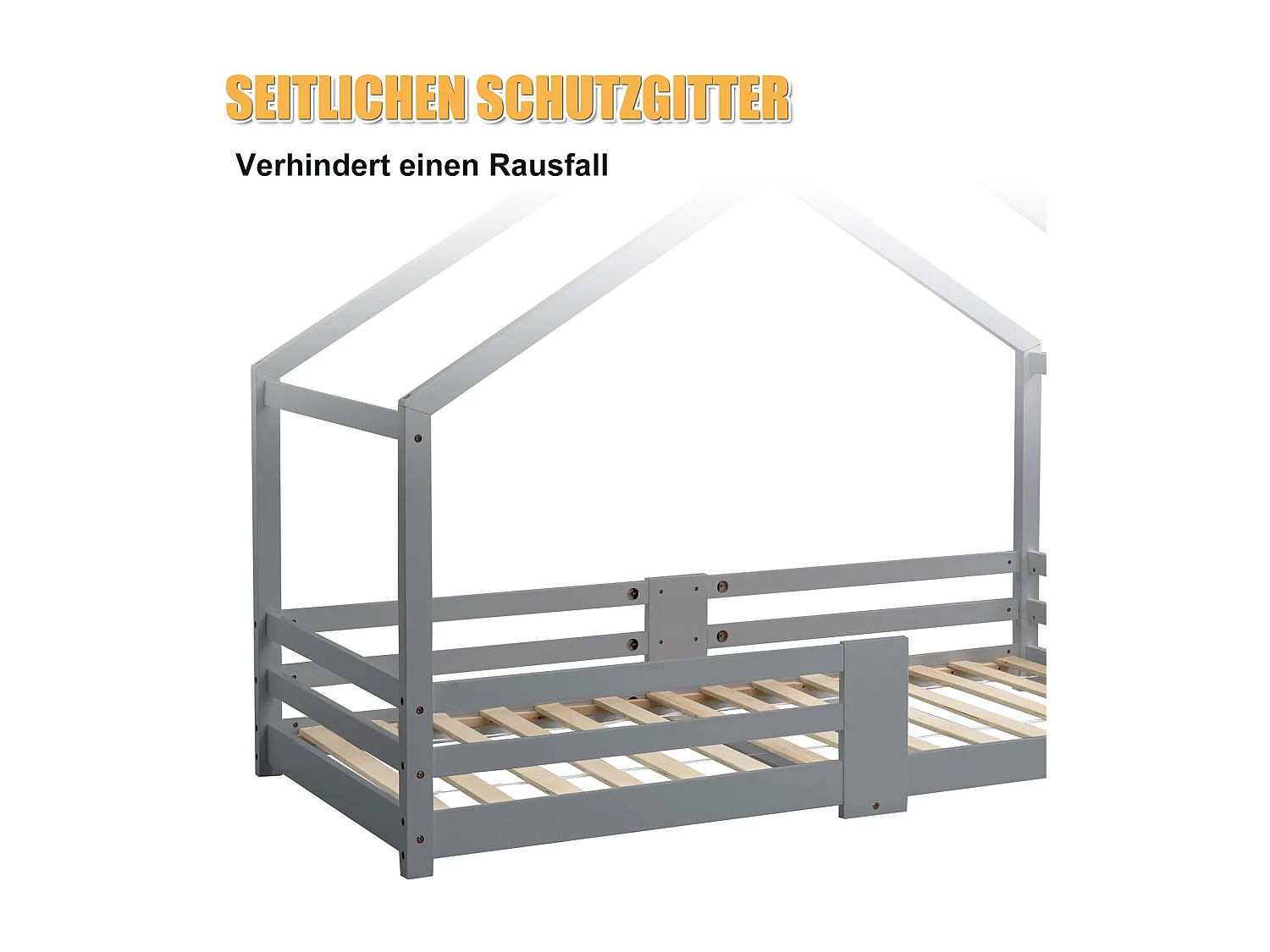 URBAN MEUBLE Lit enfant lit cabane avec cheminée sommier à lattes robuste lit cabane en bois de pin gris, 90 x 200 cm sans matelas