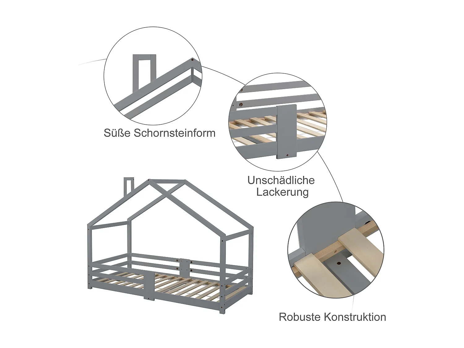 URBAN MEUBLE Lit enfant lit cabane avec cheminée sommier à lattes robuste lit cabane en bois de pin gris, 90 x 200 cm sans matelas