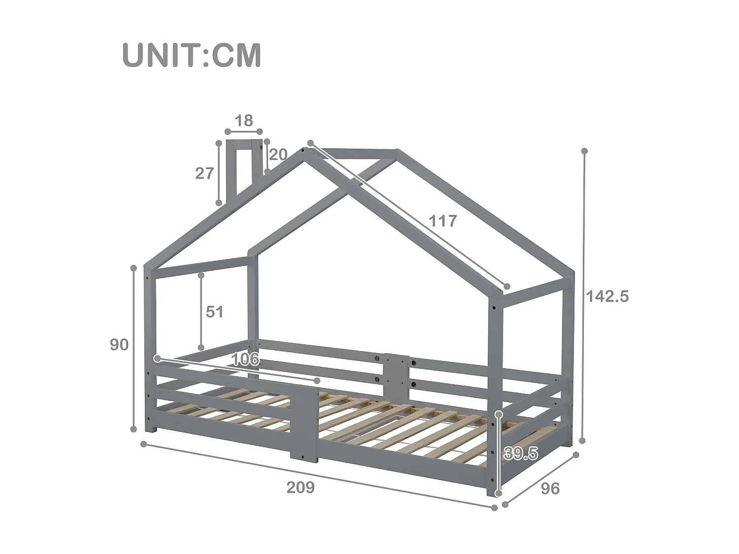 URBAN MEUBLE Lit enfant lit cabane avec cheminée sommier à lattes robuste lit cabane en bois de pin gris, 90 x 200 cm sans matelas