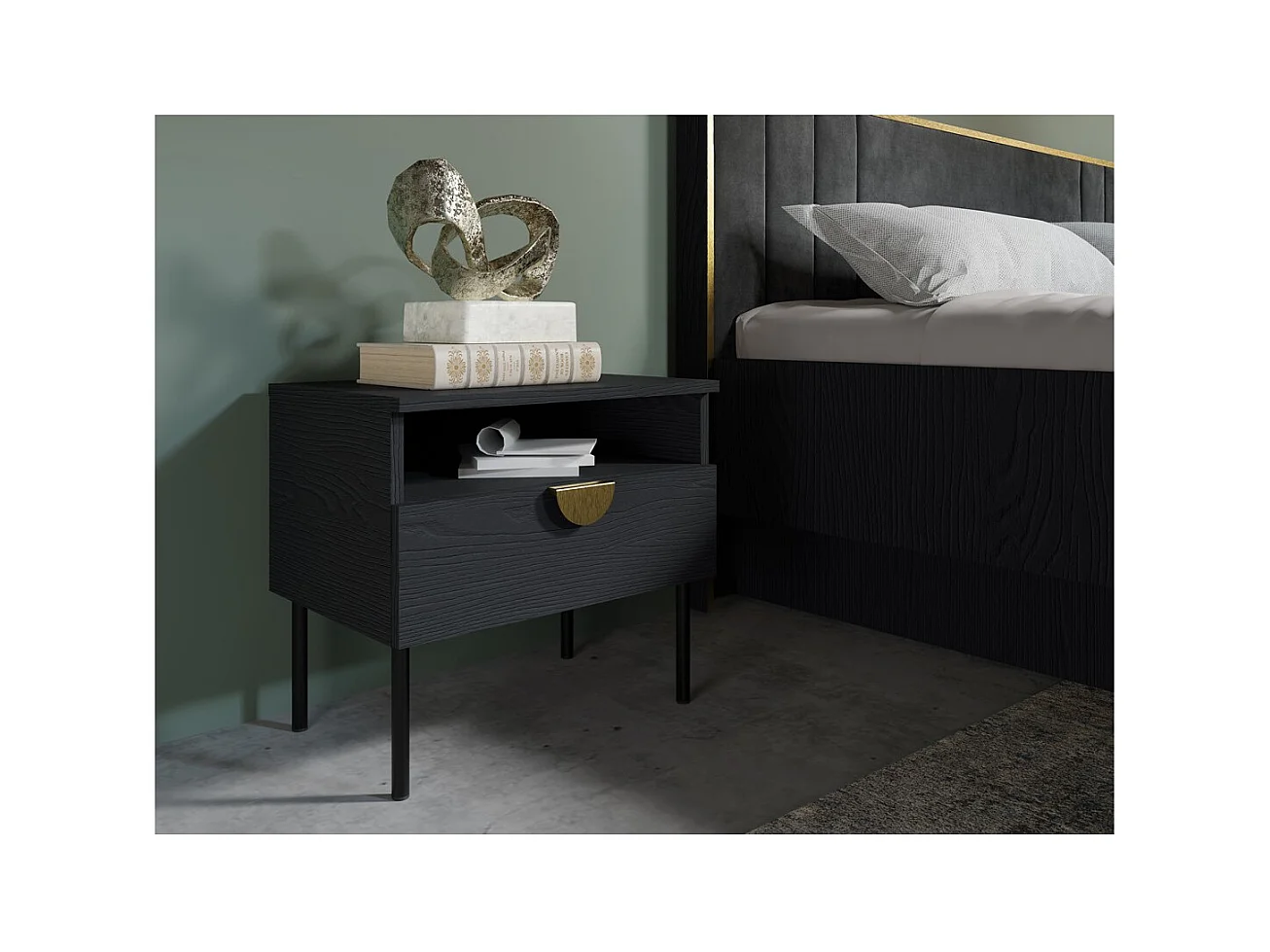 Lote de 2 mesas de cabeceira MONDO – Preto estruturado e dourado – 1 gaveta + nicho – Estilo moderno chique