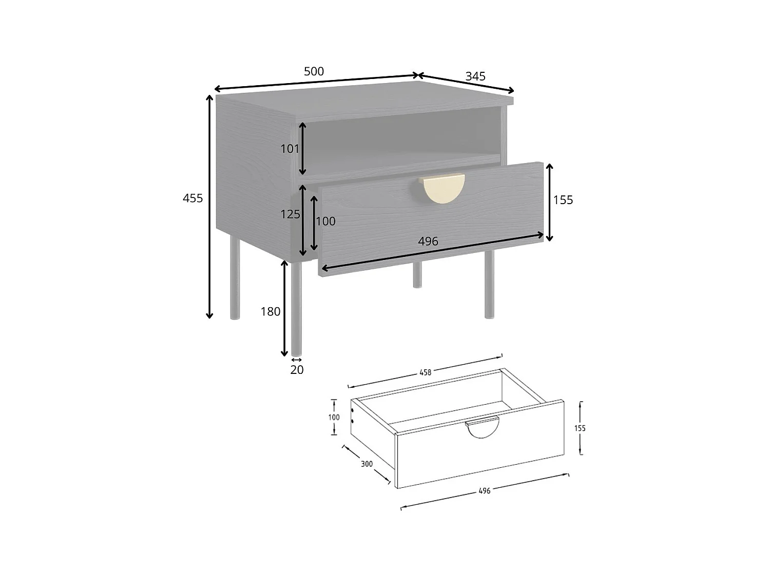 Lote de 2 mesas de cabeceira MONDO – Preto estruturado e dourado – 1 gaveta + nicho – Estilo moderno chique