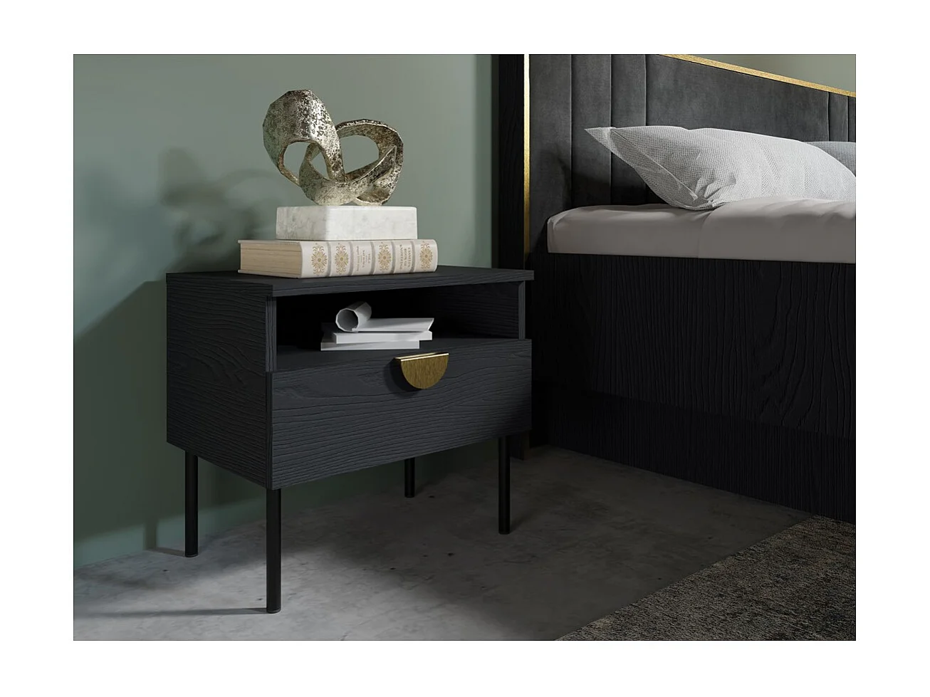 Lot de 2 tables de chevet MONDO – Noir structuré et doré – 1 tiroir + niche – Style moderne chic