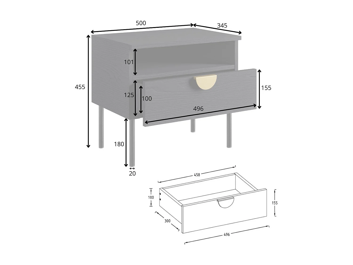 Lot de 2 tables de chevet MONDO – Noir structuré et doré – 1 tiroir + niche – Style moderne chic